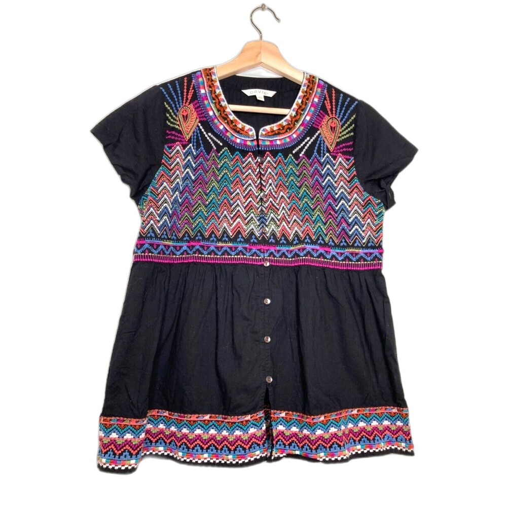 Orvis Tribal Embroidered Blouse  Button Front Shirt Black Women's Size S